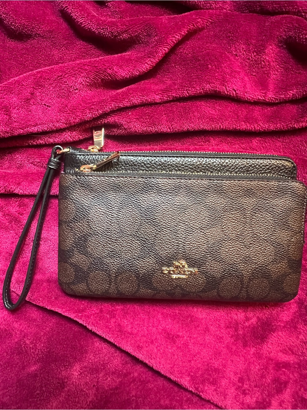 Coach Walnut/Black Double Zip Signature Canvas Wallet